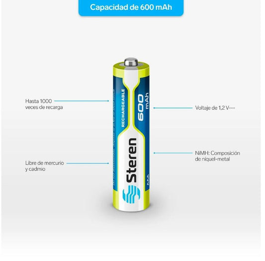 Paquete de 4 pilas recargables "AAA" NiMH 600 mAh BAT-600 Steren