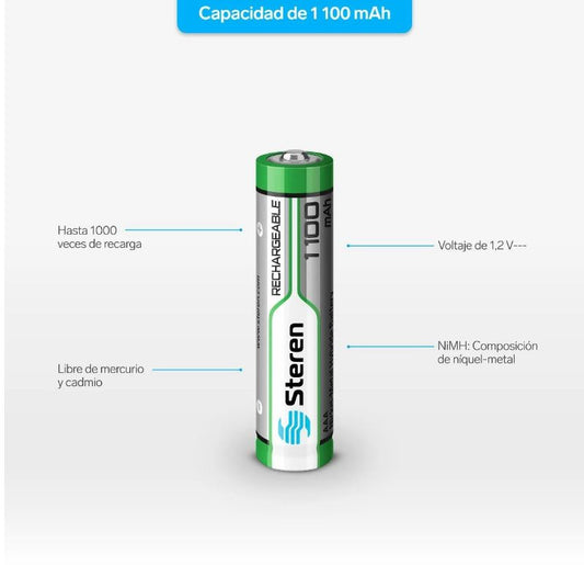 Paquete de 4 pilas recargables de alta capacidad "AAA" NiMH 1100 mAh BAT-1100 Steren