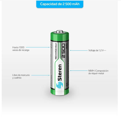 Paquete de 4 pilas recargables de alta capacidad "AA" NiMH 2500 mAh BAT-NM-AA/2500