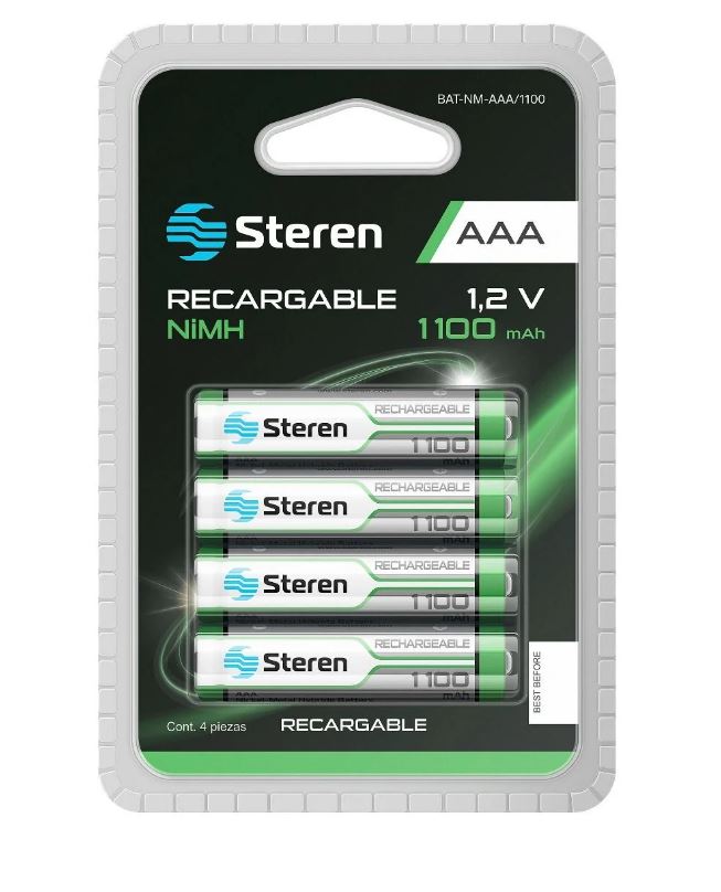 Paquete de 4 pilas recargables de alta capacidad "AAA" NiMH 1100 mAh BAT-1100 Steren