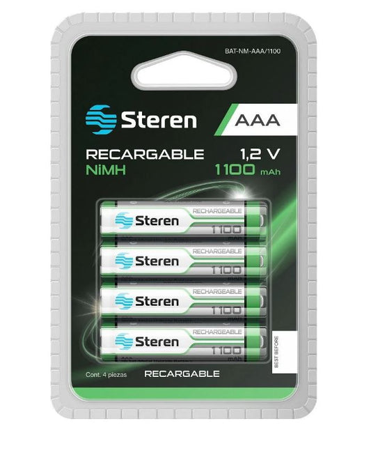 Paquete de 4 pilas recargables de alta capacidad "AAA" NiMH 1100 mAh BAT-1100 Steren