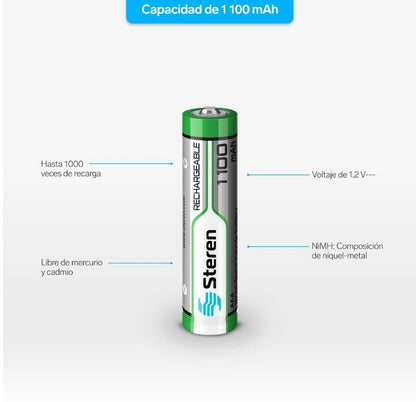 Paquete de 4 pilas recargables de alta capacidad "AAA" NiMH 1100 mAh BAT-1100 Steren